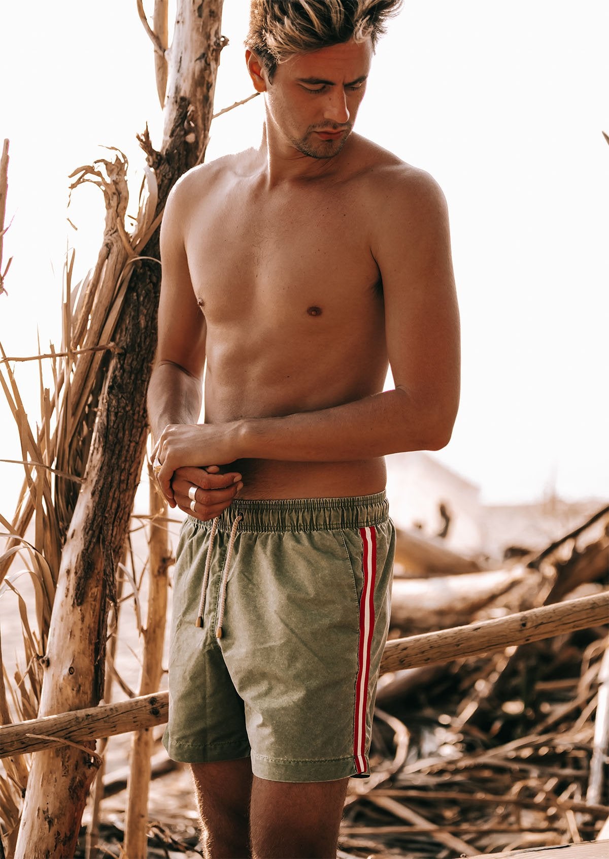 Swim Shorts - Hamptons - Kaki Beige with Stripes Wash Out
