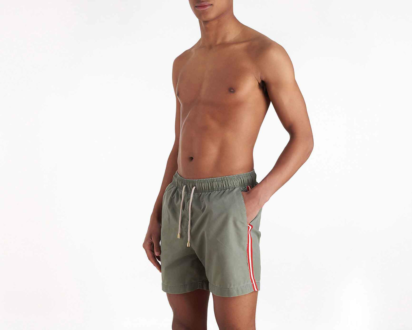 Swim Shorts - Hamptons - Kaki Green with Stripes Wash Out